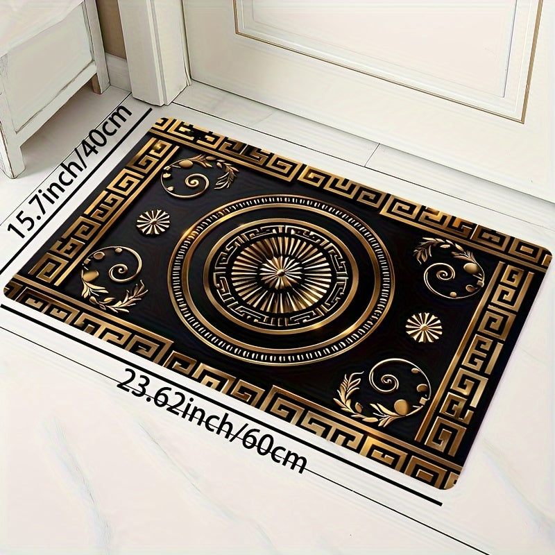 Luxurious Black and Golden Patterned Rectangle Carpet, perfect for the Kitchen, Living Room, Bedroom, or as an Indoor Door Mat. This soft and thickened carpet can be machine washed and used as a decorative piece in any indoor space.