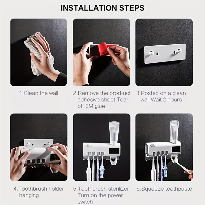 1pc UV sterilizer toothbrush holder with 4 slots, toothpaste dispenser, wall-mounted, intelligent design, bathroom accessory, no-drill installation.