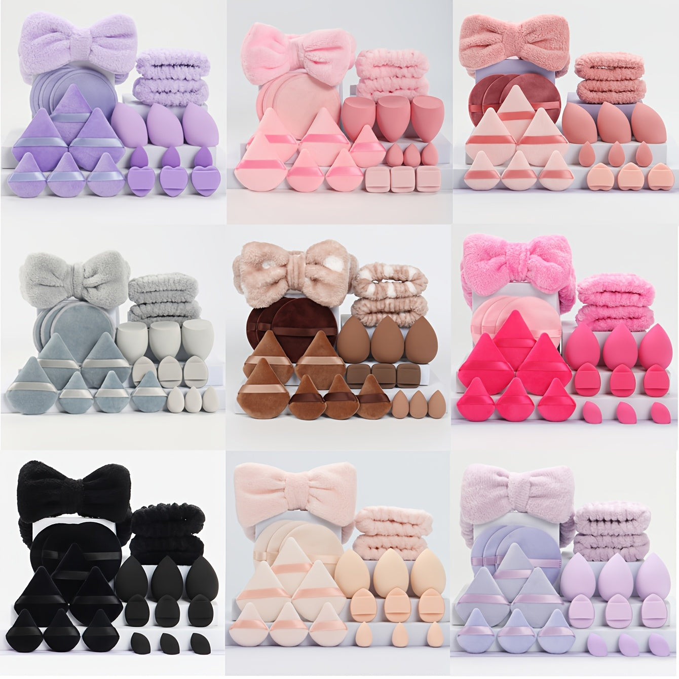 A set of 21 hair accessories including butterfly headband, wristbands, powder puffs, makeup sponges, finger cushions, makeup remover pads, and mini beauty sponges.