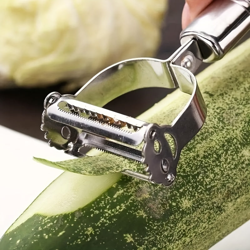 Multi-use stainless steel fruit and vegetable peeler for home, RV cooking, and college dorms.