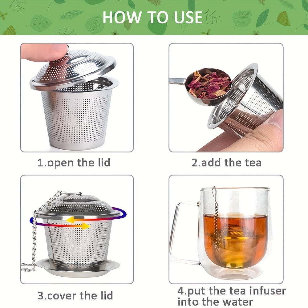 A tea infuser made of durable stainless steel featuring a 304 mesh strainer, perfect for brewing loose leaf tea, spices, and seasonings. This kitchen gadget comes with a convenient chain hook for easy removal from your cup or pot.