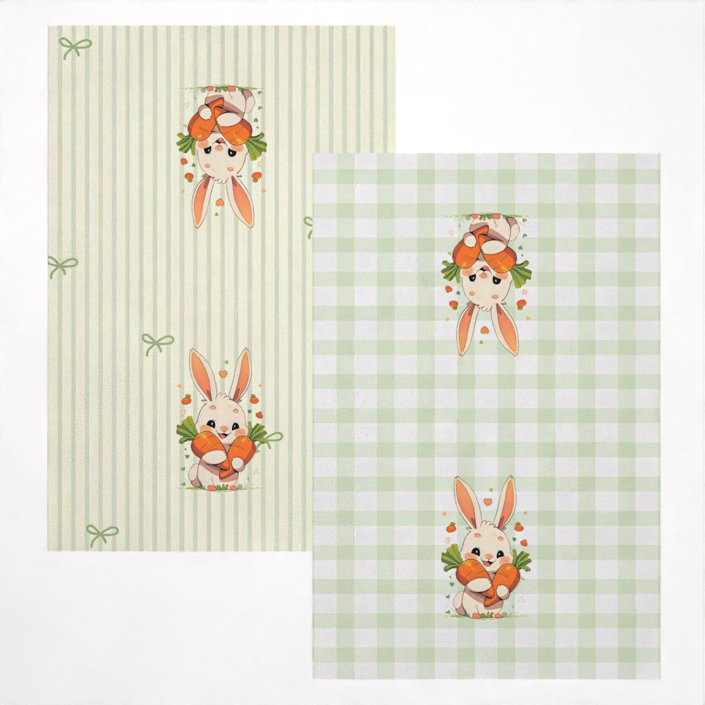 Two pieces of high-quality tea towels featuring a rabbit and carrot design, measuring 45.72x66.04cm. Made of soft, quick-dry polyester, these towels are highly absorbent and machine washable. The modern design boasts vibrant colors, making them ideal for