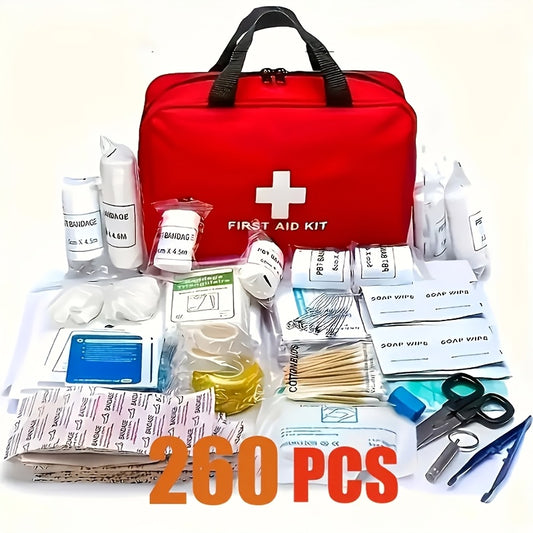 Deluxe 260pcs First Aid Kit for Home, Outdoor Adventures & Camping - Portable with Essential Safety Supplies - Includes Scissors, Bandages, Tweezers & More - Red Color, No Magnesium