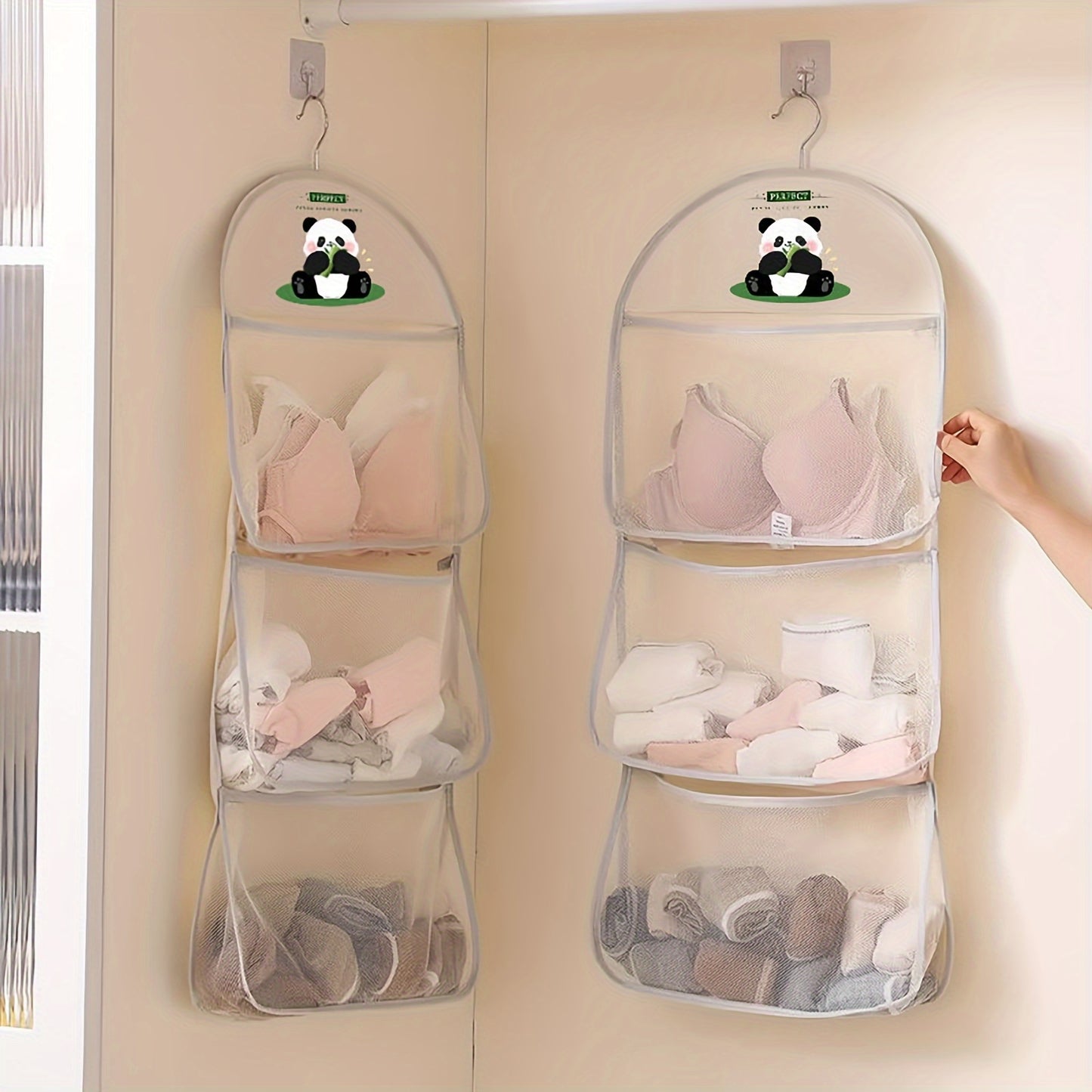 Panda-Themed Nylon Hanging Storage Organizer for Underwear & Socks with Multiple Compartments - Ideal for Bedroom, Bathroom, & Kitchen