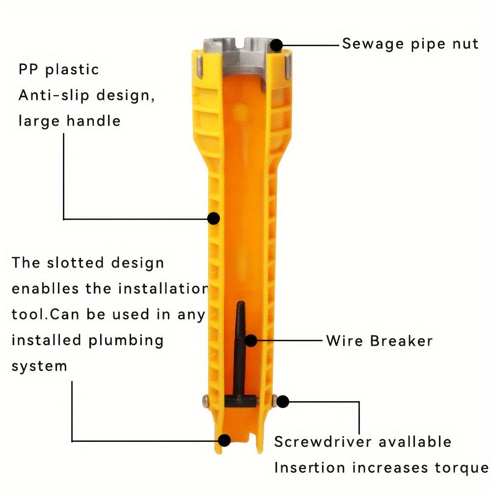 Multipurpose faucet wrench tool for installing sinks and water pipes in bathrooms and kitchens.