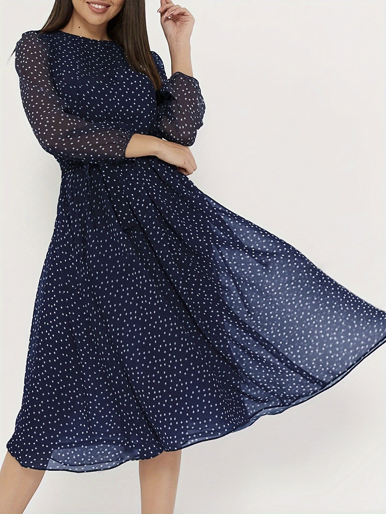 Stylish Polka Dot A-Line Dress with Tie Waist - Versatile for Spring/Summer/Fall