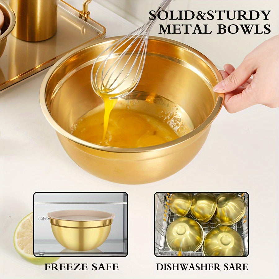 Stainless steel mixing bowl set in gold with lids in white, black, and khaki. Ideal for Christmas serving, baking, preparation, cooking, and serving food. Nested design saves space, dishwasher safe. Available in various sizes from 500ml to 4000ml.