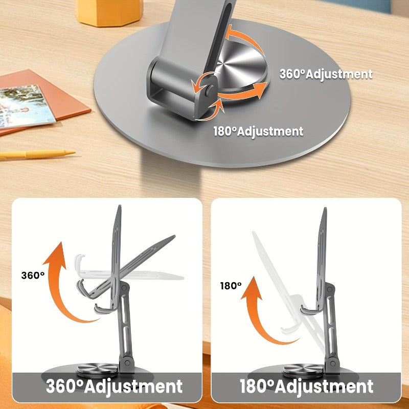 Metal phone and tablet stand that rotates 360-degrees, with adjustable height and angle, ideal for daily office use.