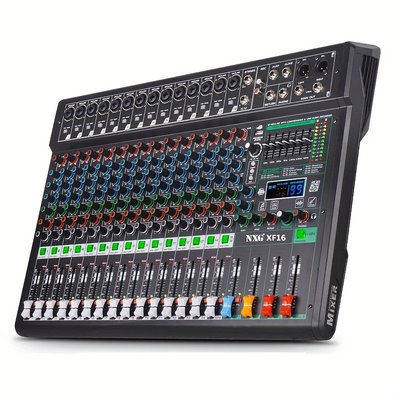 NXG XF8/12/16 Professional Mixer Soundboard with 8/12/16 Channels, USB MP3 Computer Input, 48V Phantom Power, Built-in 99 Reverb Effects, and Recording Function.