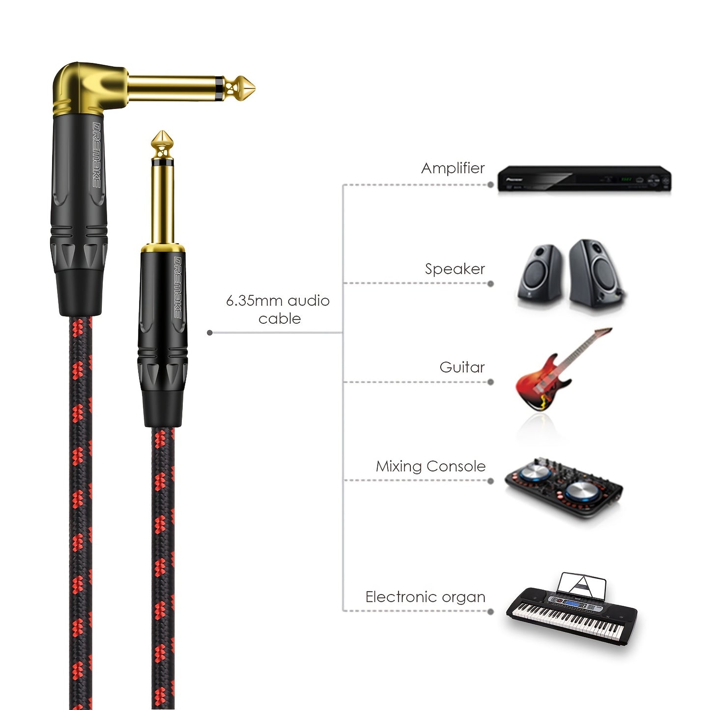 DREMAKE 6.35mm mono guitar cable with gold plated male to male connectors. Cat5e Ethernet cable category with round floppy connector and braided design, suitable for guitar, bass, and