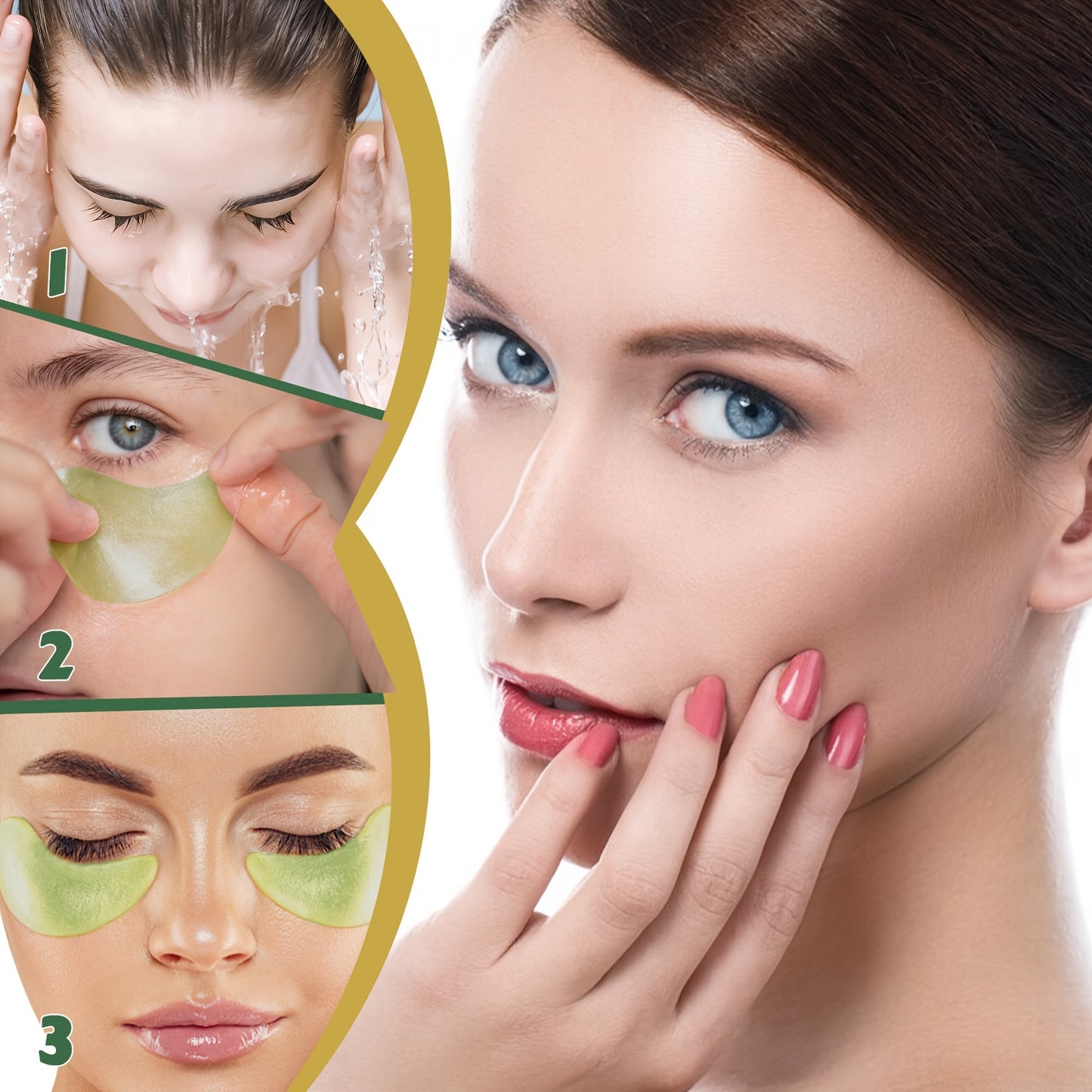 Moisturizing and lifting eye masks with avocado and golden patches for firming and tightening under eye skin.