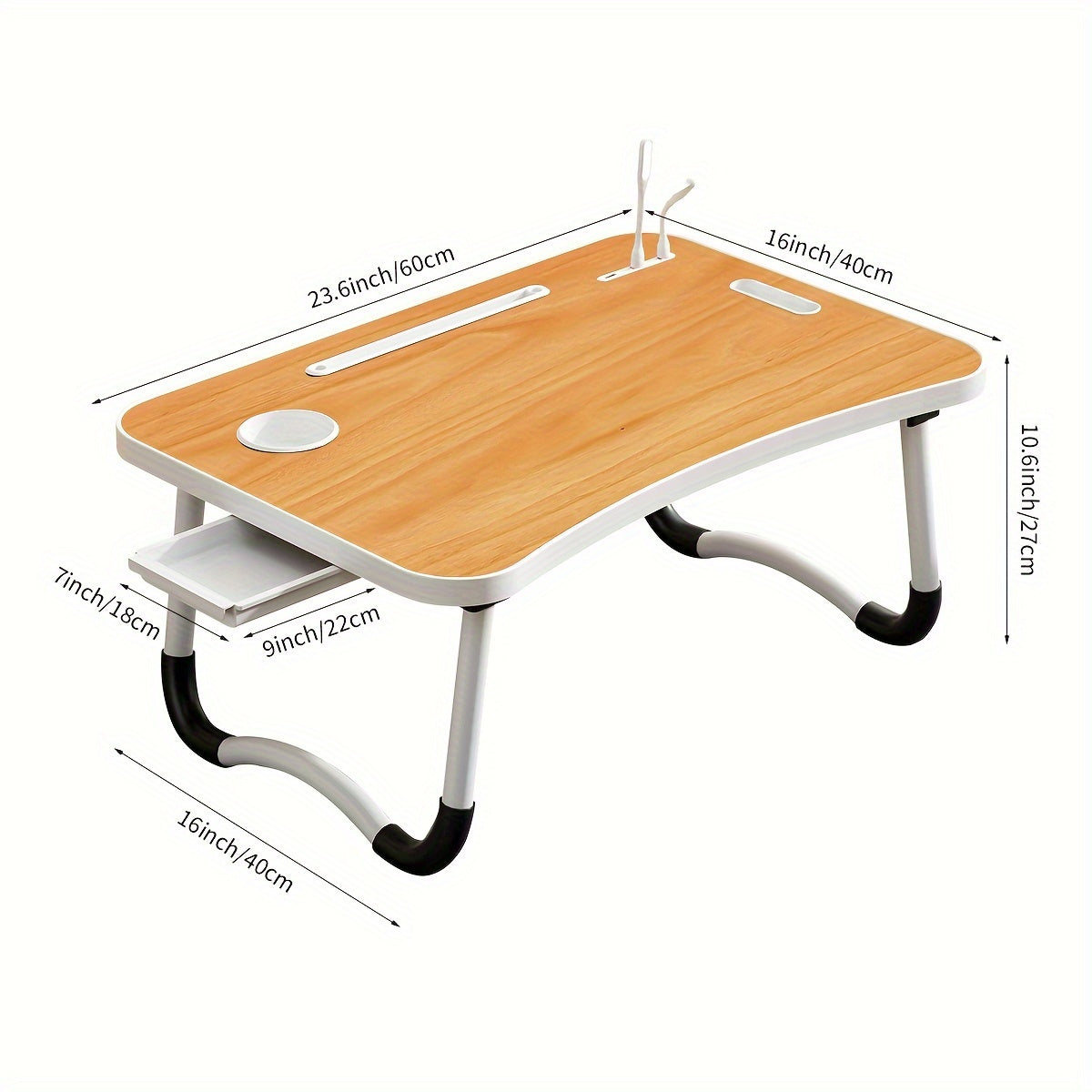 Large portable laptop desk with folding design, featuring multifunctional tray, cup holder, drawer, USB port, fan, and light. Made of durable aluminum alloy, suitable for use on bed, sofa