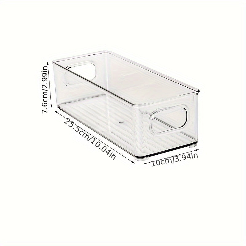 Rectangular Kitchen Refrigerator Organizer Bin made of Transparent Plastic with Handle - Food-Safe Storage Box suitable for Fruits, Vegetables, Meat, Snacks, and Beverages.