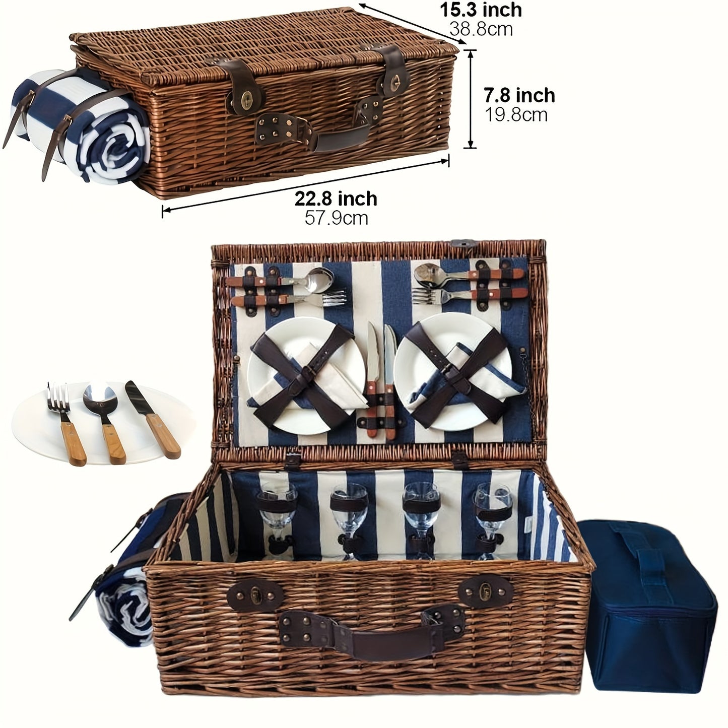 XL Willow picnic basket for four, with service set and free accessories - a perfect gift.