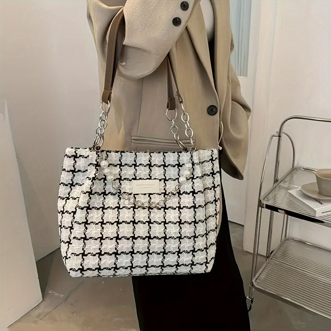 Plaid bucket bag with faux pearl chain, elegant shoulder bag for women.