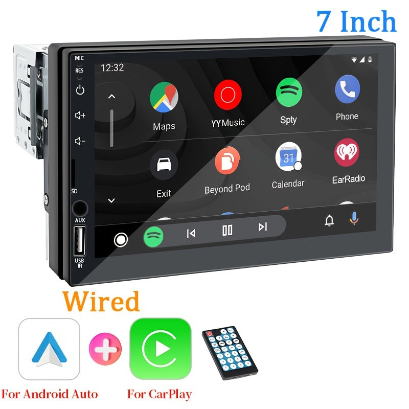 Compact single DIN car multimedia player with 17.78cm HD touch screen, support for wired CarPlay and AndroidAuto, MirrorLink, navigation and music connection. Features touch buttons