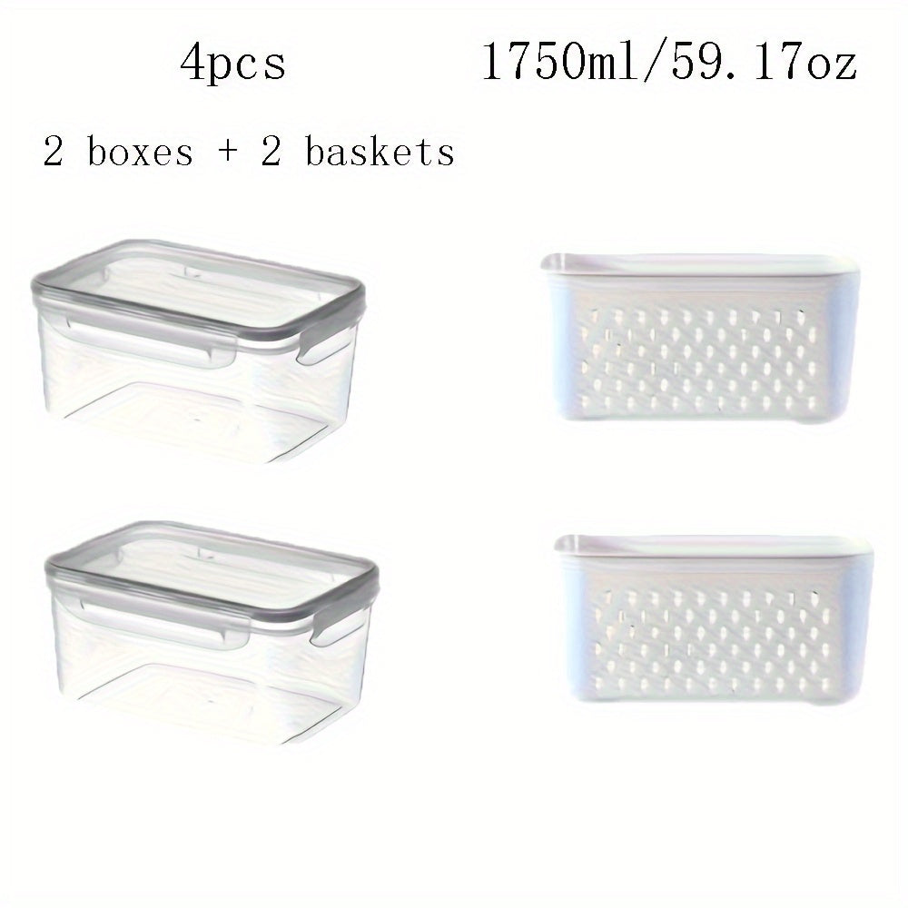 Premium Leak-Proof Food Storage Containers 4-Pack. BPA-Free with 2-Layer Airtight Design. Reusable and Stackable Kitchen Organizers, Ideal for Storing Fruits, Vegetables, Meat, and Grains in the Refrigerator. Made of Durable Plastic.