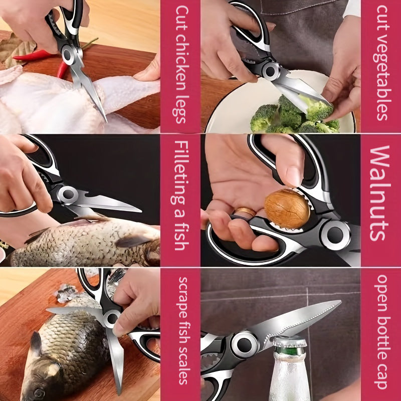 1 piece of Kitchen Scissors, including Poultry Shears, Kitchen Shears, Kitchen Fish Bone Scissors. Made of Multifunctional Stainless Steel, perfect for cutting Duck, Fish, and Chicken Bones. Also includes Food Scissors, Kitchen Meat Scissors, Nut Opener