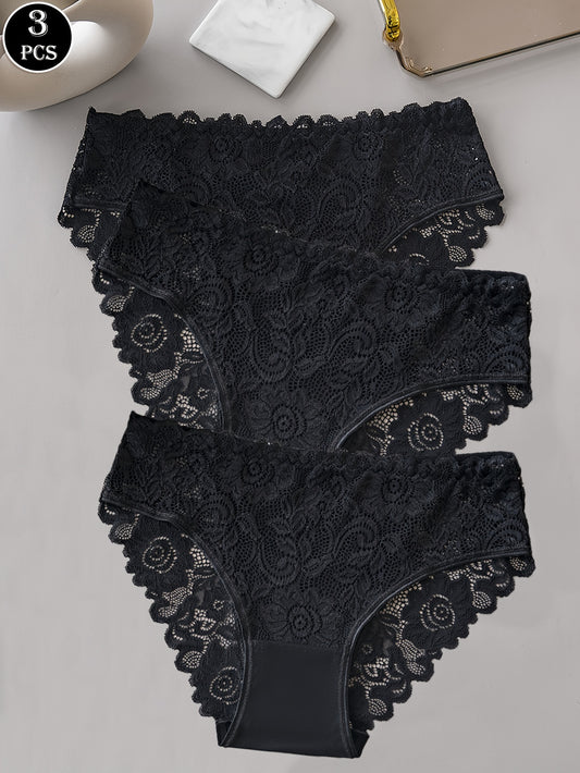 3 solid lace briefs, comfortable and breathable, perfect for women's lingerie and underwear.