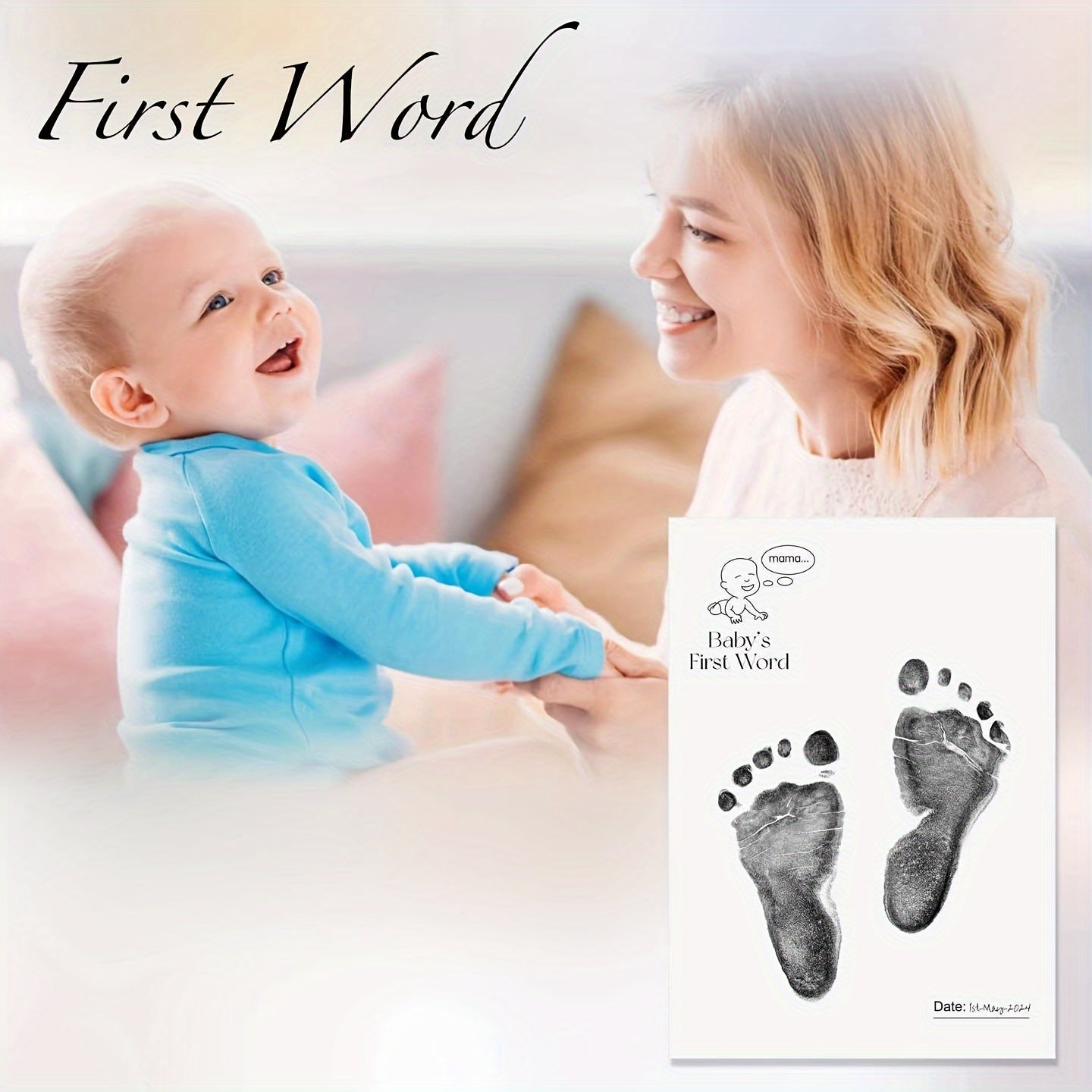 7-piece Ai Bei Parent Co First Milestone Keepsake Kit includes Inkless Hand & Footprint Cards, Clean Touch Memory Casting Paper, and 7 Wipe Bags. Perfect for capturing memories from birth to 3 years old, this kit makes a wonderful family memory gift.