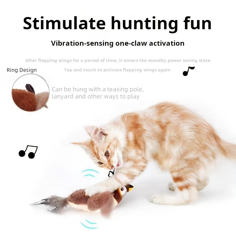 Interactive electric cat toy that simulates bird sounds and movements to provide both physical and mental stimulation for your cat. The tail is made of artificial feather-polyester material.