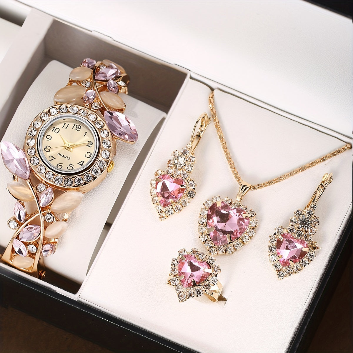 Stylish women's watch with pink gemstones and heart-shaped rhinestone jewelry set - Ideal gift for her, luxury fashion ensemble.