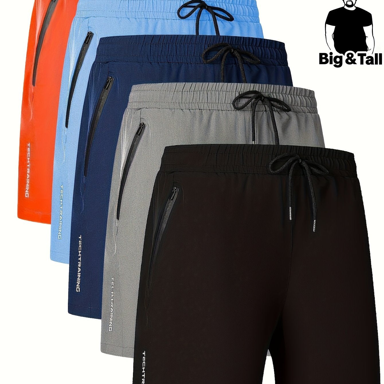 5 men's plus size athletic shorts made of quick-dry, breathable polyester with zipper pockets, ideal for running, training, biking, and hiking.