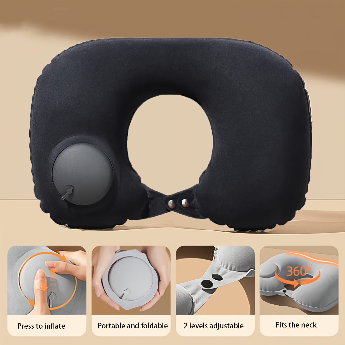 Grey TravelMate Adjustable Compressed Inflatable U-Shaped Neck Pillow with 2 Air Pressure Levels for Office and Car Use, Portable and Foldable Car Neck Support Cushion, Easy Inflate and Spot-Clean