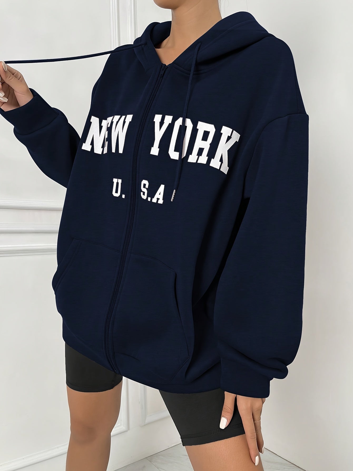 NEW YORK Print Zip Front Hoodie with Kangaroo Pocket