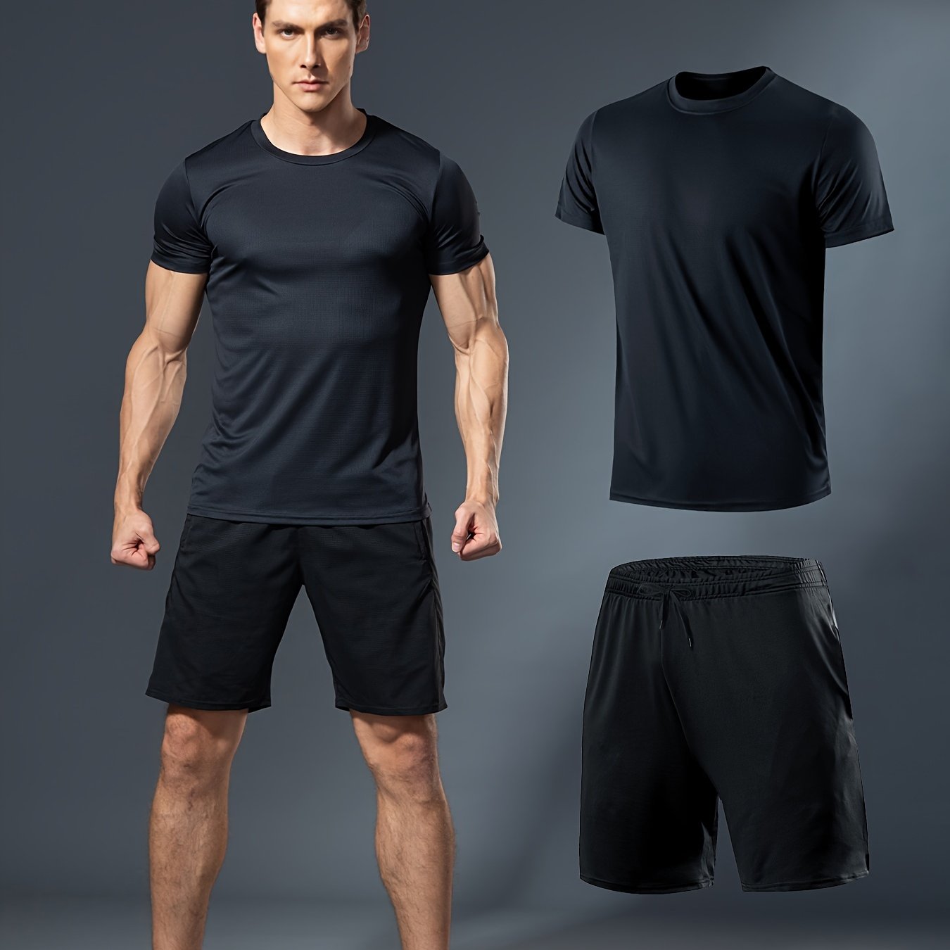 Summer men's fitness set includes white t-shirt and black shorts made of lightweight, quick-dry, breathable polyester for running, basketball training, and athletic wear.