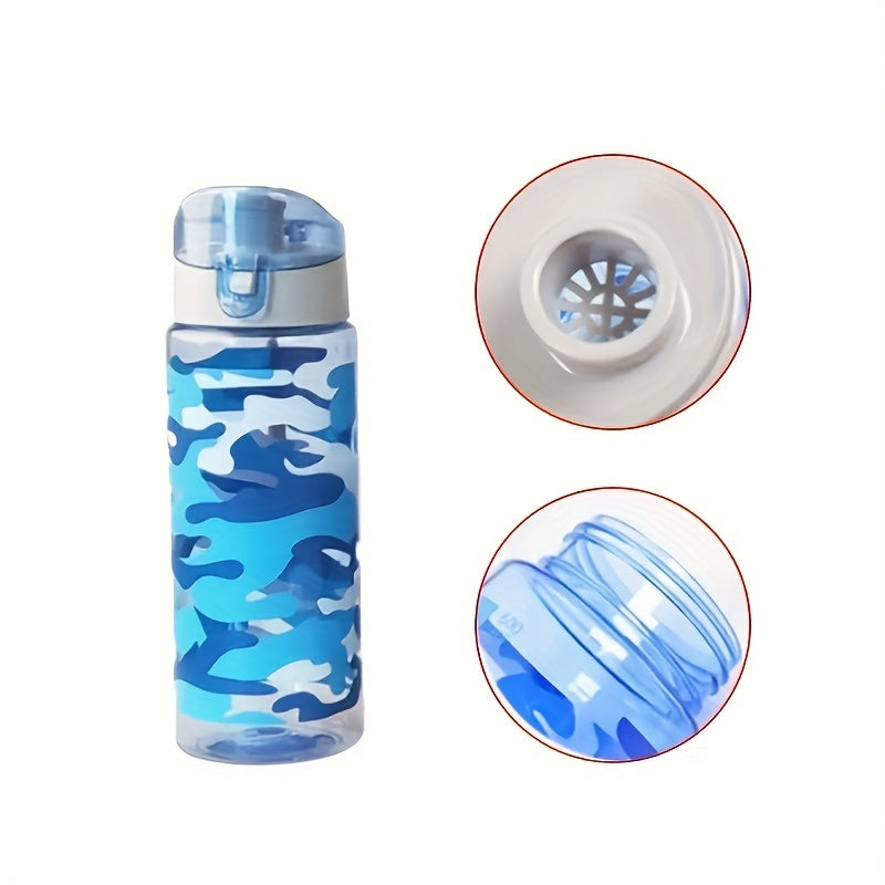 Camouflage sports water bottle, 600ml capacity, ideal for camping, hiking, fitness, and outdoor activities. Suitable as a birthday gift for travel enthusiasts.