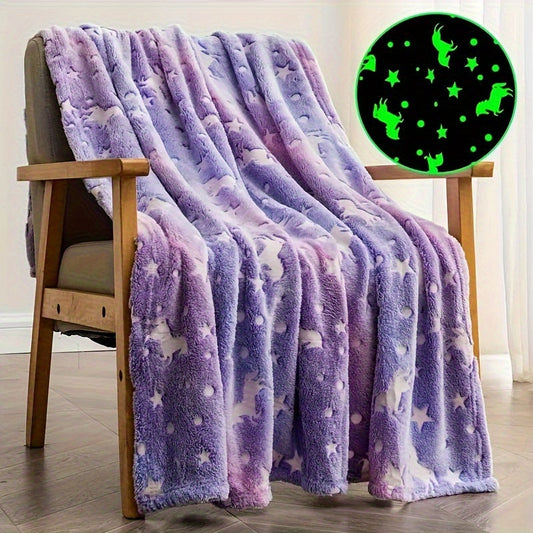 Enchanting Unicorn & Star Pattern Luminous Throw Blanket - Glow-in-the-Dark, Ultra-Soft Plush Flannel Fleece - Perfect for Kids' Rooms, Couch, Bed - Great for Birthdays, Christmas, Halloween, Thanksgiving, Easter - One Piece