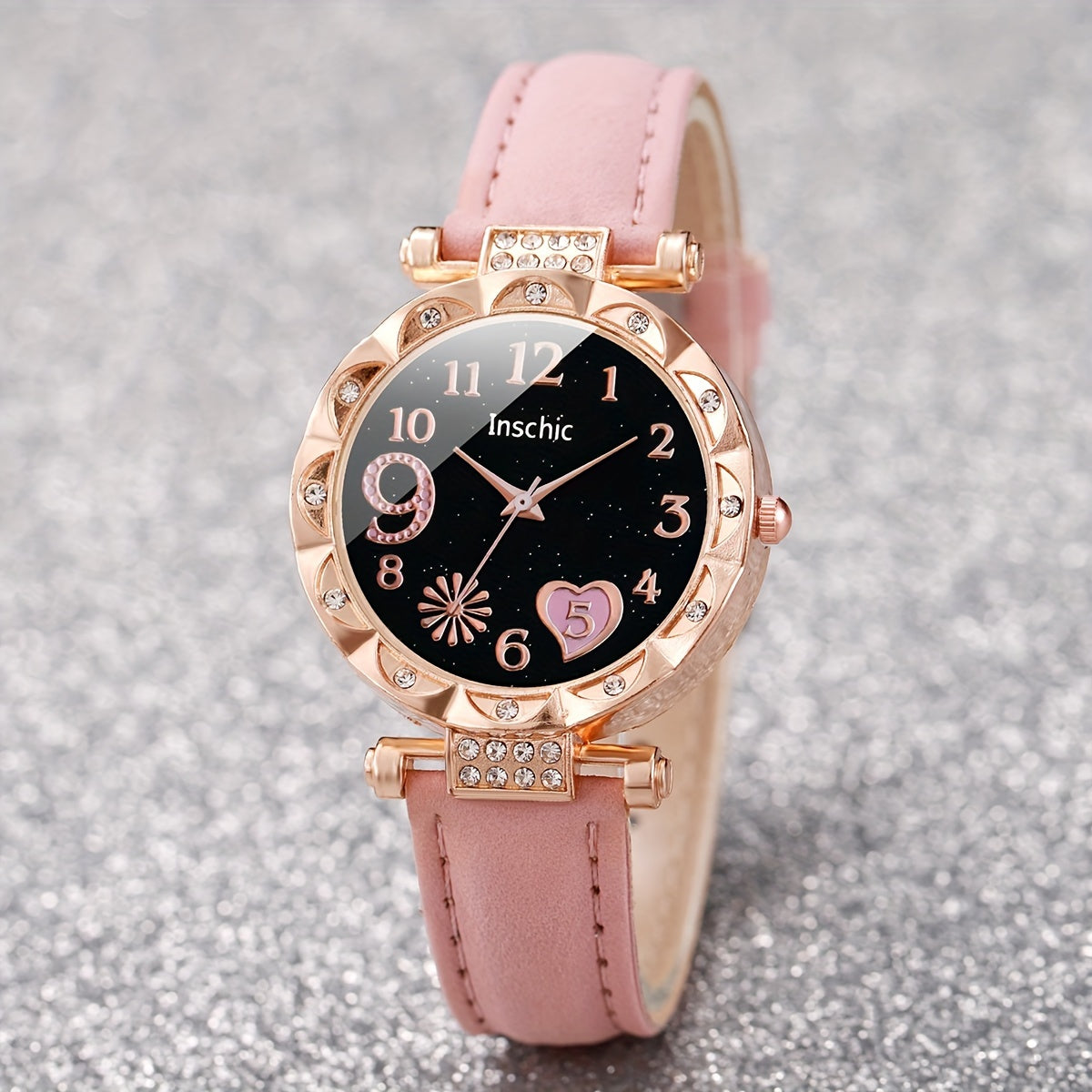 2-piece set without watch box: Women's quartz watch with love number dial and bracelet.