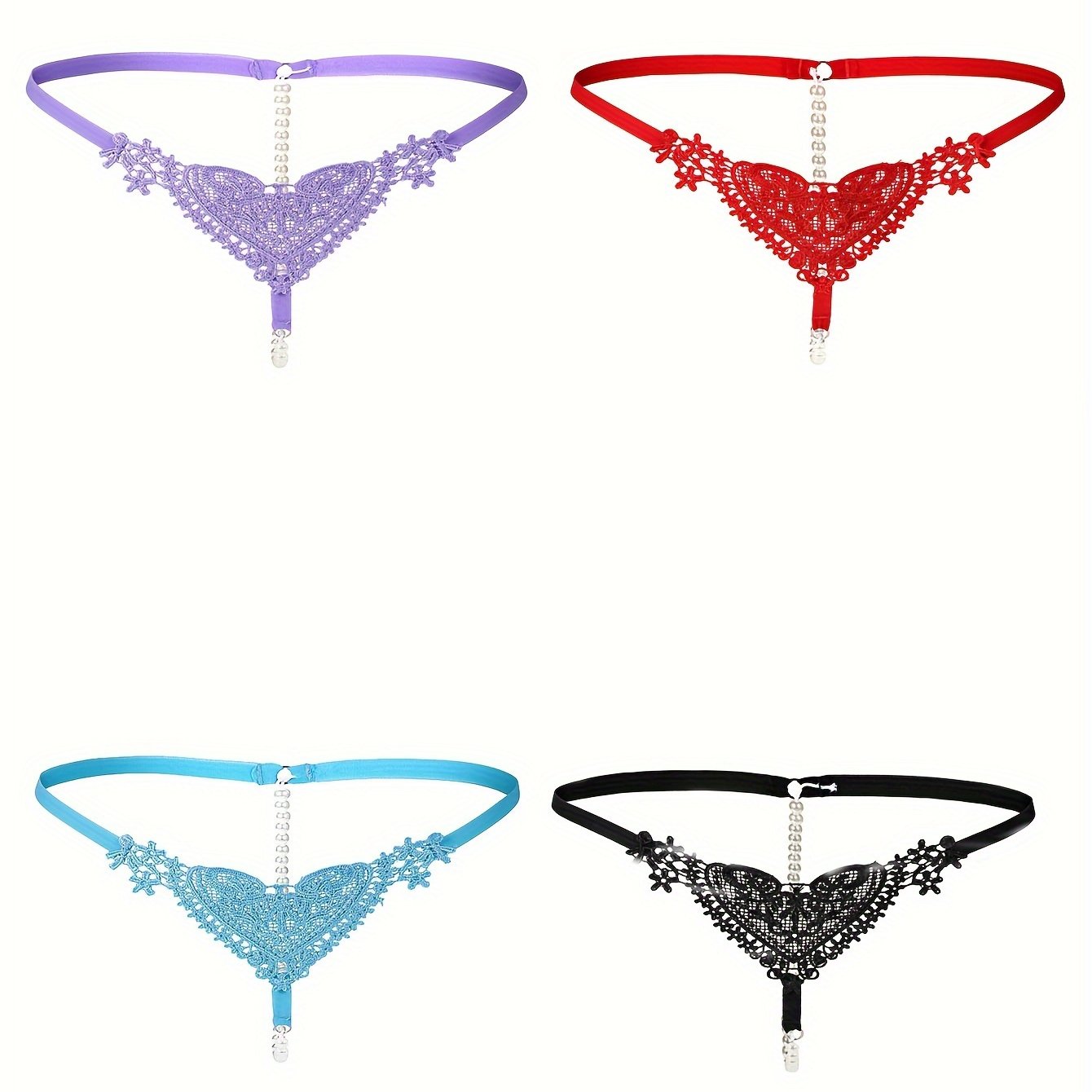 Low-rise thong with pearl embellishments and hollow out design. Breathable polyester, hand washable. Ideal for adults.