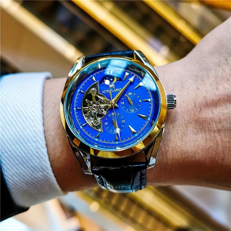 AOKULASIC Men's automatic mechanical watch featuring semi-hollow ball design with moon phase pointer.