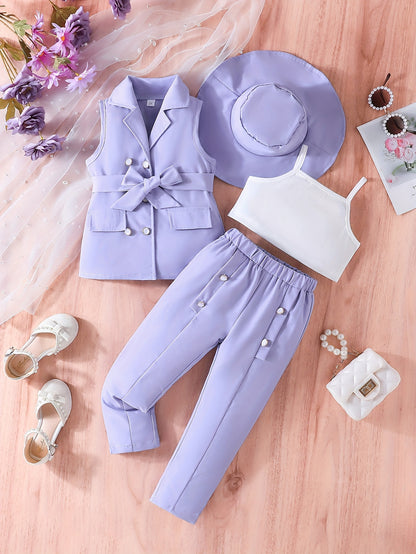 4-piece girls suit: sleeveless vest, trousers, camisole with hat set for daily, casual, and party wear.