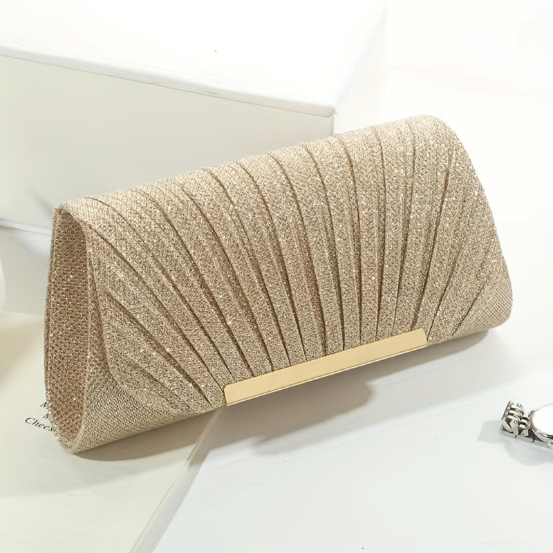 Stylish clutch bags for evening events: pleated evening clutch, golden embellished wallet clutch, and chic chain clutch for ladies.