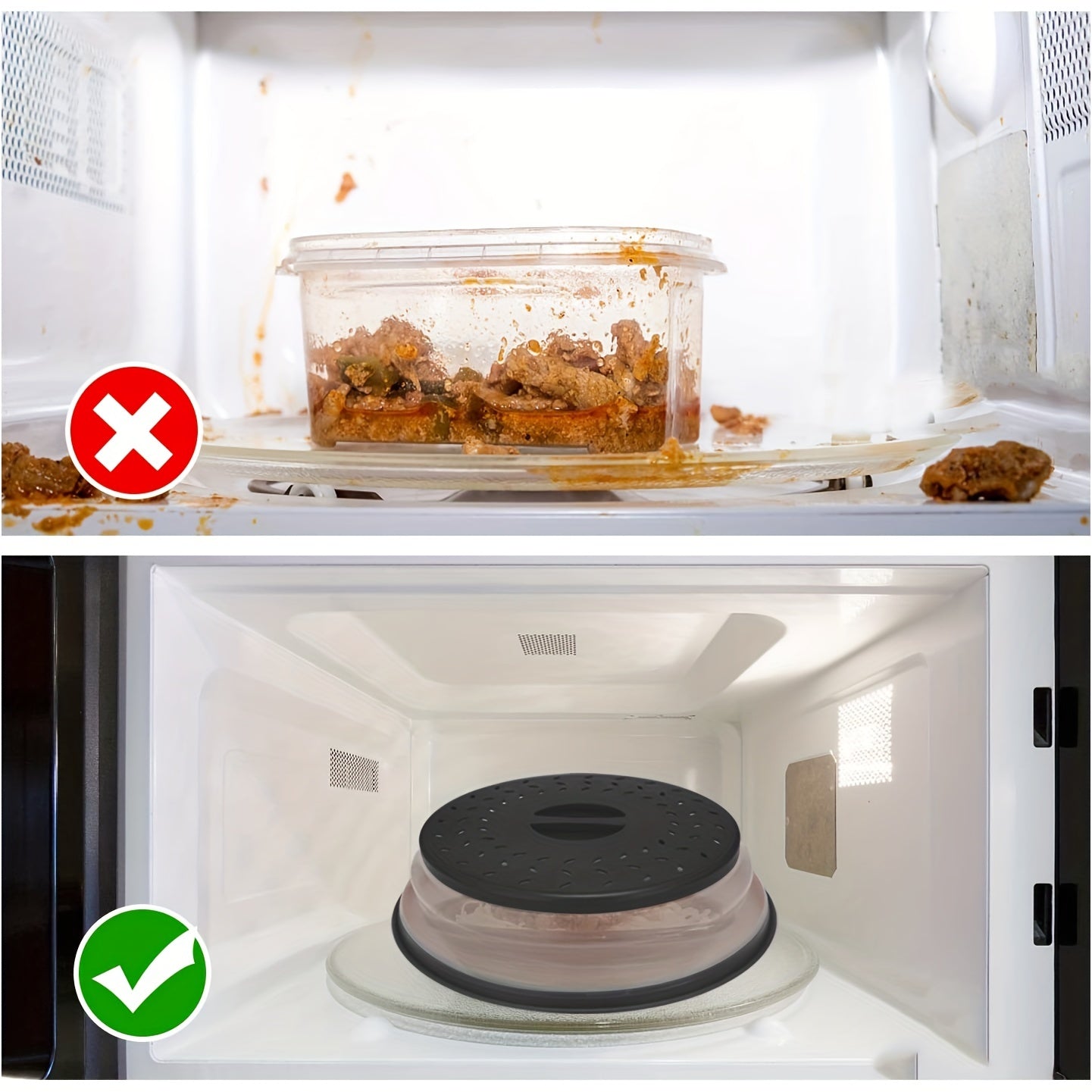 One set of four BPA-free foldable microwave lids for food, compatible with microwave ovens. Can be used as a splash lid, food filter, and is dishwasher safe. Each lid measures 10 inches in diameter.