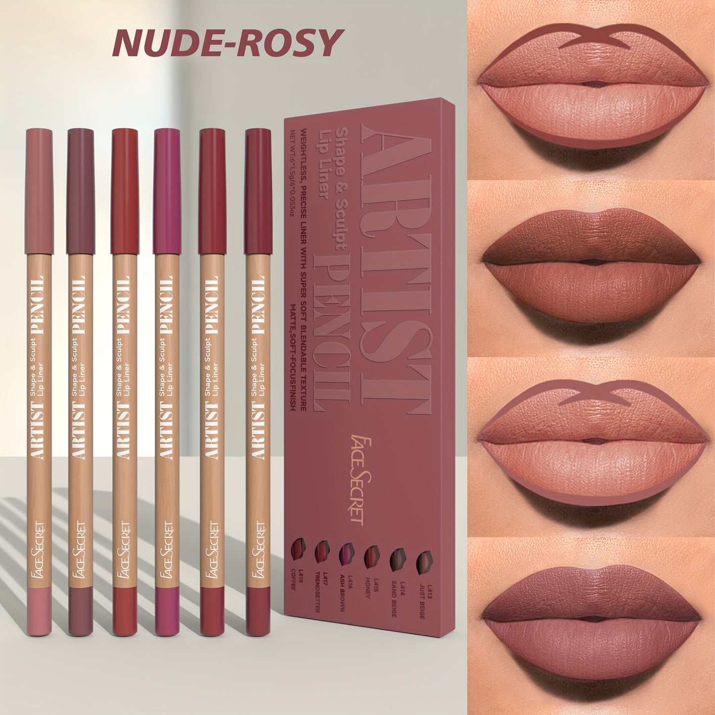 Set of 6 long-lasting matte lip liners in 18 natural colors.