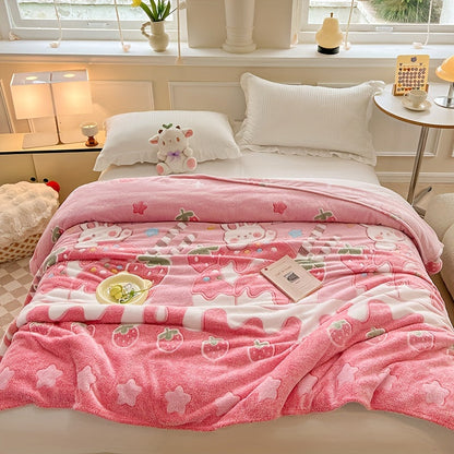 Ultra-Soft Pink Strawberry & Bear Pattern Blanket - Perfect for Sofa, Bed, & Naps - Cozy All-Season Throw - Machine Washable 100% Polyester - Whimsical Home Decor - Charming Aesthetic - Comfortable Blanket for Bed and Naps