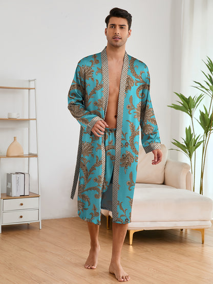 Men's elegant and light luxury pajama set with stylish floral print, featuring a V-neck long sleeve robe and shorts for home wear.