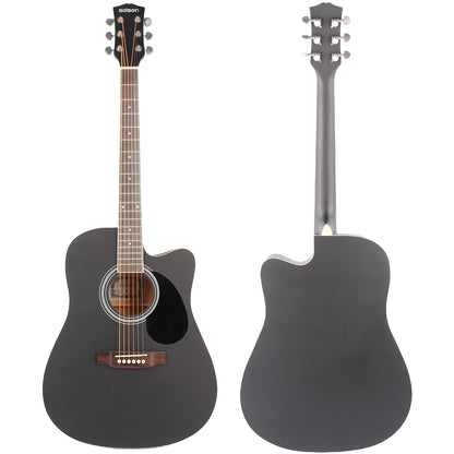 41-inch all mahogany black folk guitar with matte finish, enclosed tuners, tech wood fingerboard, rosewood bridge, black pickguard, includes black gig bag, picks, strap. Eid Al-Adha Mubarak.