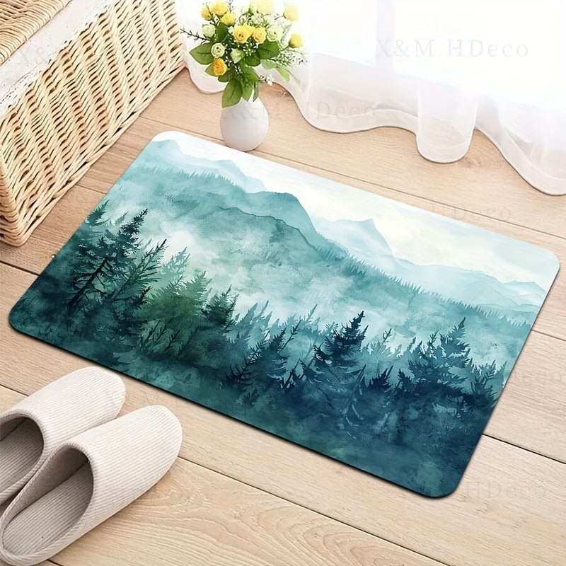 Forest Big Mountain Pattern Bathroom Carpet with Foam Cushion and Skid-Proof Bottom for Kitchen, Living Room, Bedroom, and Indoor Spaces. Machine Washable Entrance Doormat for Home Decor.