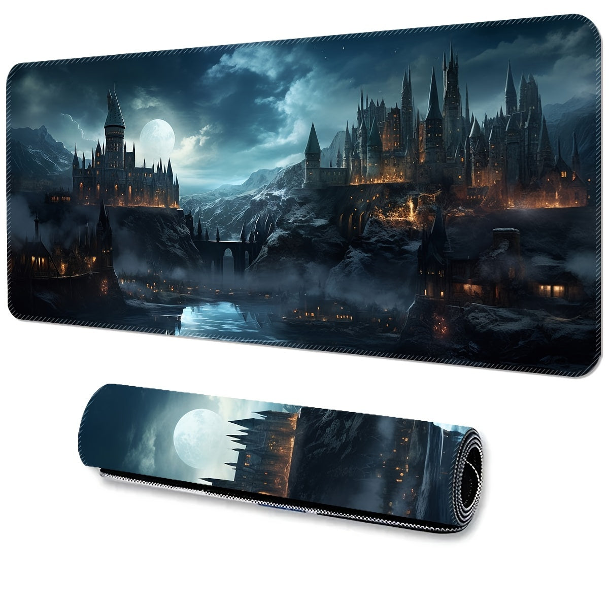 Castle Night Large Extended Gaming Mouse Pad made of rubber material with non-slip washable desk mat and precision edge stitching, ideal for gifting.