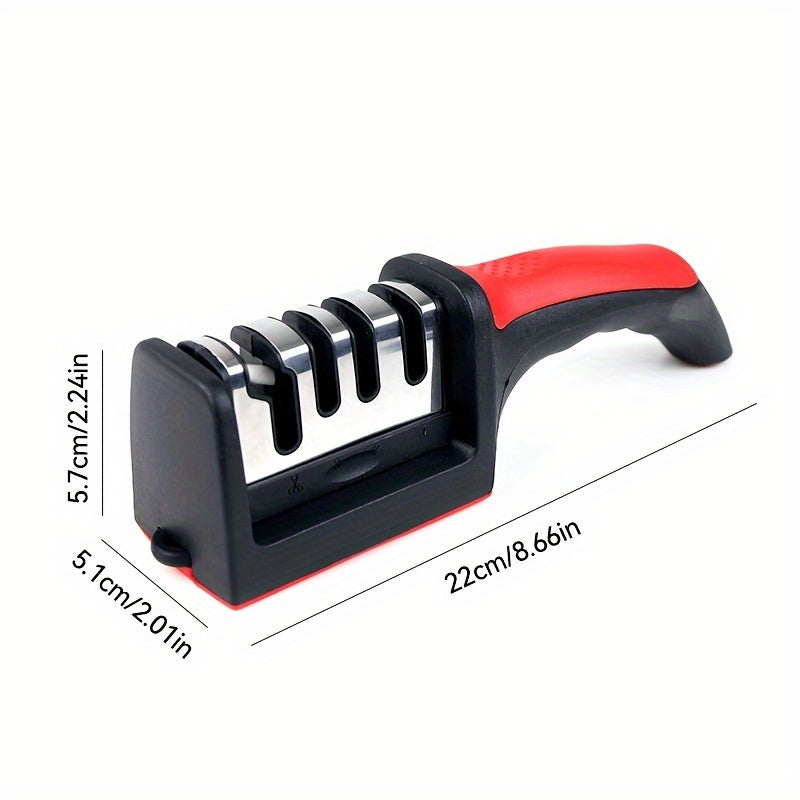 Professional 4-stage kitchen knife sharpener with tungsten, diamond, and ceramic stones.