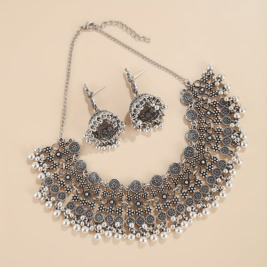 Vintage Bollywood-inspired jewelry set featuring tribal, Middle Eastern designs - includes lantern-style earrings and necklaces perfect for both parties and everyday wear.