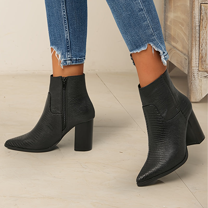 Women's Casual Solid Color Boots with Side Zipper, Soft Sole, Chunky Heel, Point Toe, and Slim Winter Style.