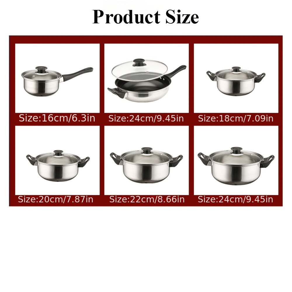 12-piece non-stick stainless steel cookware set includes 6 pots with lids. Set comes with a non-stick frying pan, stew pot, wok, and soup pot. PFOA-free kitchen frying pan is induction cooker and gas stove compatible. Perfect for holiday parties and