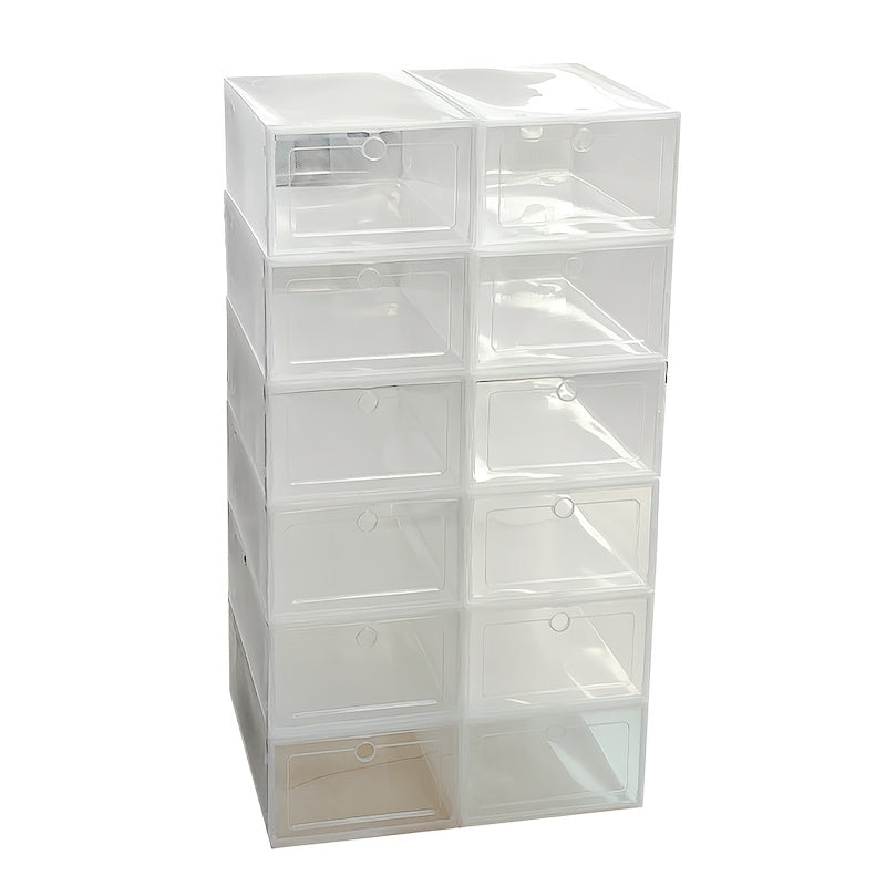 Transparent plastic shoe organizer boxes, set of 12 pieces. Waterproof and foldable design for simple assembly. Versatile storage solution for shoes and cosmetics, featuring flip-top lid. Ideal for use in home, bedroom, dorm rooms for organized shoe