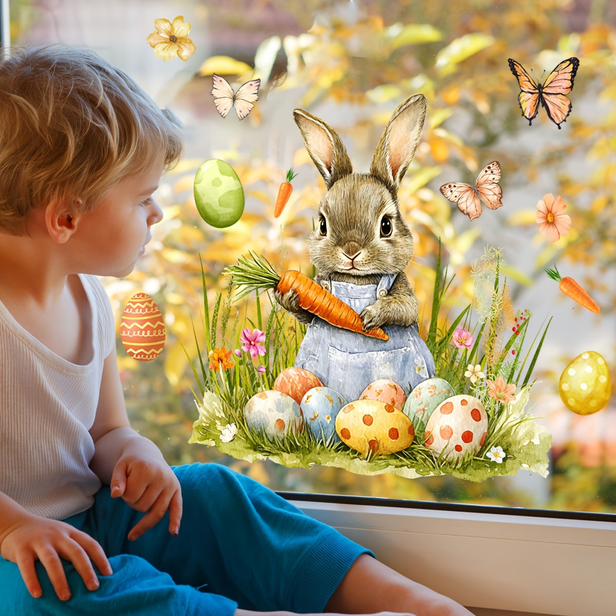 Elegant Easter Bunny and Egg Window Cling - 30.48cm x 30.48cm Dual-Sided, Reusable PVC Decal for Living Room, Bedroom, Bathroom - Modern Home Decor